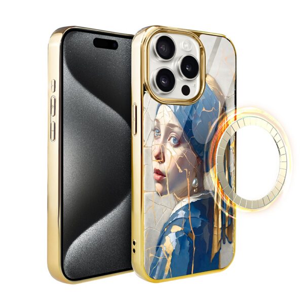 Etui do iPhone 15 Pro, Elite Glass z MagSafe, szklany tył, Kobieta z perłą, złote