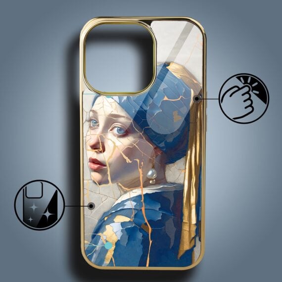 Etui do iPhone 15 Pro, Elite Glass z MagSafe, szklany tył, Kobieta z perłą, złote (3)