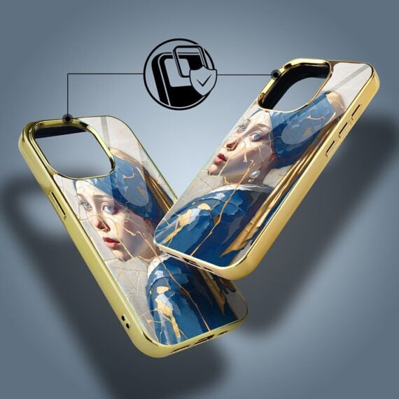 Etui do iPhone 15 Pro, Elite Glass z MagSafe, szklany tył, Kobieta z perłą, złote (5)
