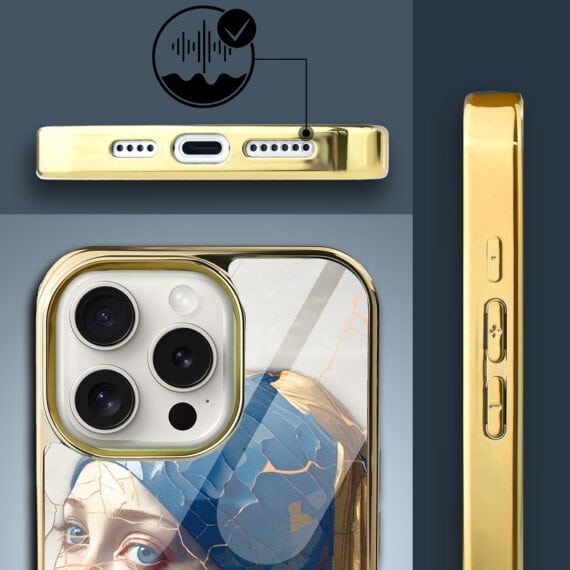 Etui do iPhone 15 Pro, Elite Glass z MagSafe, szklany tył, Kobieta z perłą, złote (7)