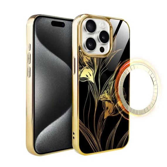 Etui do iPhone 15 Pro, Elite Glass z MagSafe, szklany tył, Królewskie irysy, złote (2)