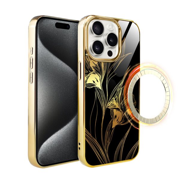 Etui do iPhone 15 Pro, Elite Glass z MagSafe, szklany tył, Królewskie irysy, złote