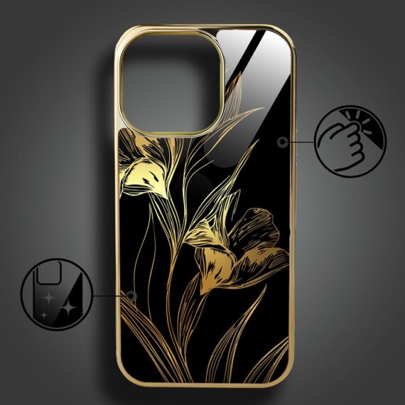 Etui do iPhone 15 Pro, Elite Glass z MagSafe, szklany tył, Królewskie irysy, złote (3)