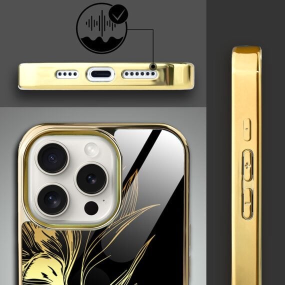 Etui do iPhone 15 Pro, Elite Glass z MagSafe, szklany tył, Królewskie irysy, złote (7)