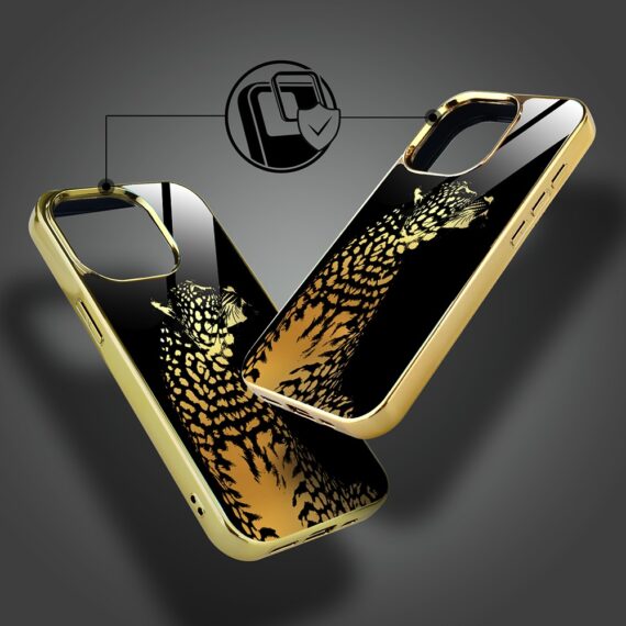 Etui do iPhone 15 Pro, Elite Glass z MagSafe, szklany tył, Lampart, złote (1)
