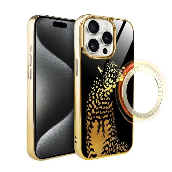 Etui do iPhone 15 Pro, Elite Glass z MagSafe, szklany tył, Lampart, złote (6)