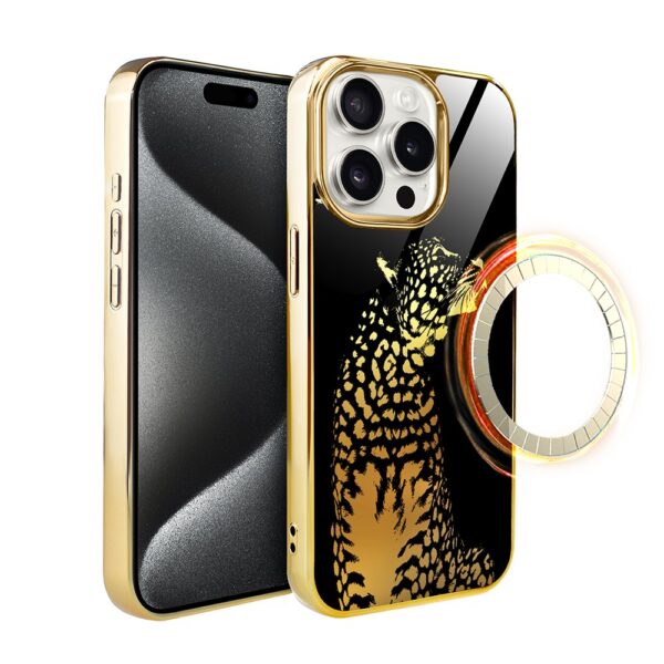 Etui do iPhone 15 Pro, Elite Glass z MagSafe, szklany tył, Lampart, złote