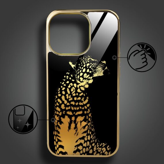 Etui do iPhone 15 Pro, Elite Glass z MagSafe, szklany tył, Lampart, złote (7)