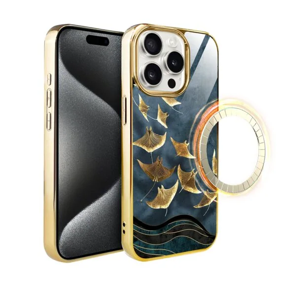 Etui do iPhone 15 Pro, Elite Glass z MagSafe, szklany tył, Lot płaszczek , złote (2)