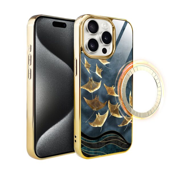 Etui do iPhone 15 Pro, Elite Glass z MagSafe, szklany tył, Lot płaszczek , złote