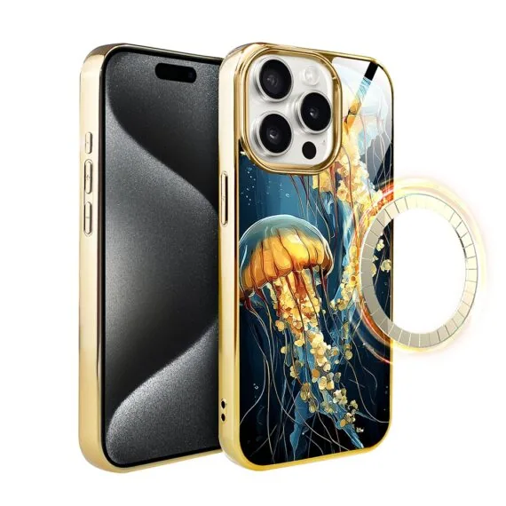 Etui do iPhone 15 Pro, Elite Glass z MagSafe, szklany tył, Meduzy w głębinach , złote (2)