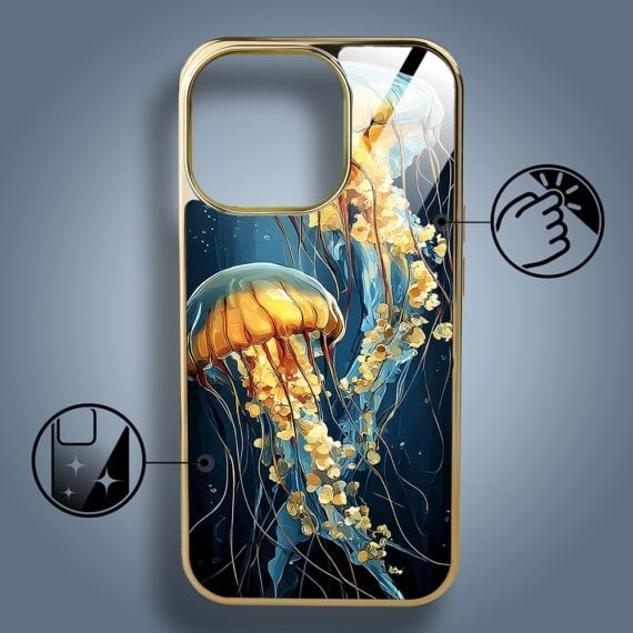 Etui do iPhone 15 Pro, Elite Glass z MagSafe, szklany tył, Meduzy w głębinach , złote (3)
