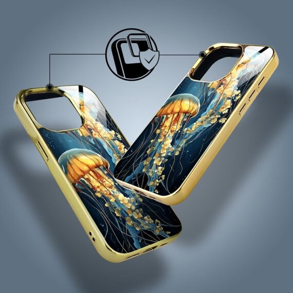 Etui do iPhone 15 Pro, Elite Glass z MagSafe, szklany tył, Meduzy w głębinach , złote (5)