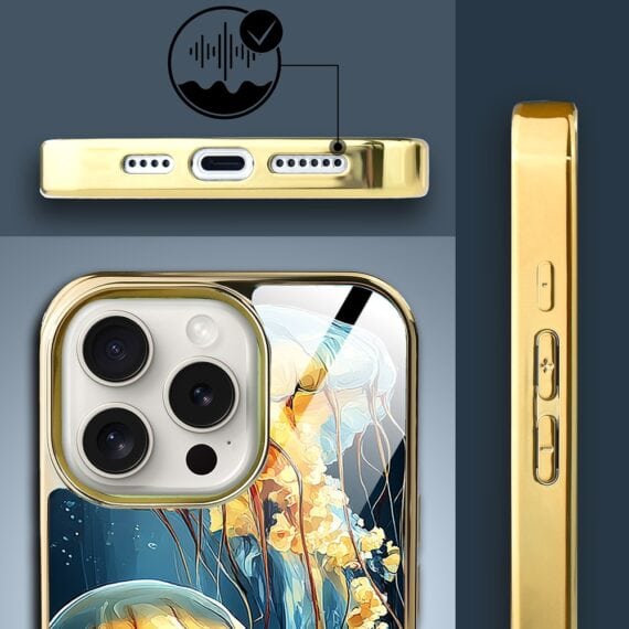 Etui do iPhone 15 Pro, Elite Glass z MagSafe, szklany tył, Meduzy w głębinach , złote (7)