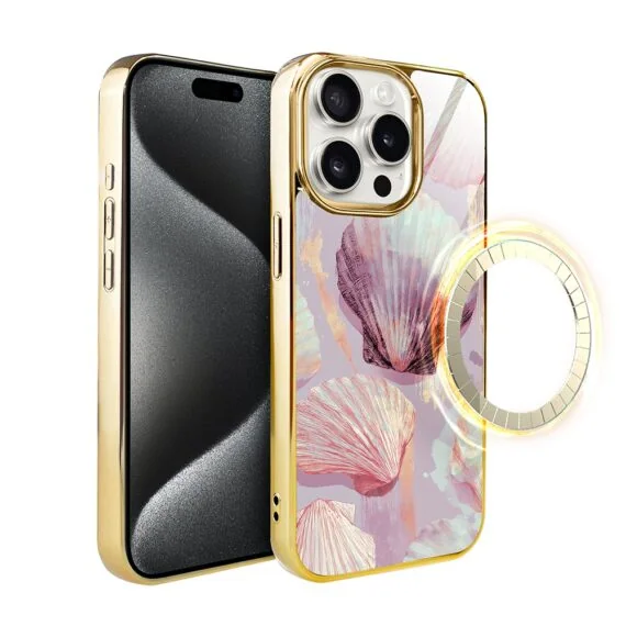 Etui do iPhone 15 Pro, Elite Glass z MagSafe, szklany tył, Perłowa muszla, złote (2)