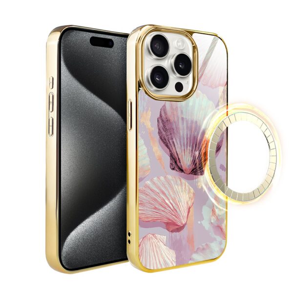 Etui do iPhone 15 Pro, Elite Glass z MagSafe, szklany tył, Perłowa muszla, złote