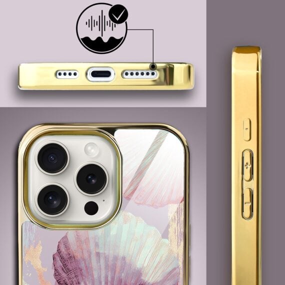 Etui do iPhone 15 Pro, Elite Glass z MagSafe, szklany tył, Perłowa muszla, złote (7)