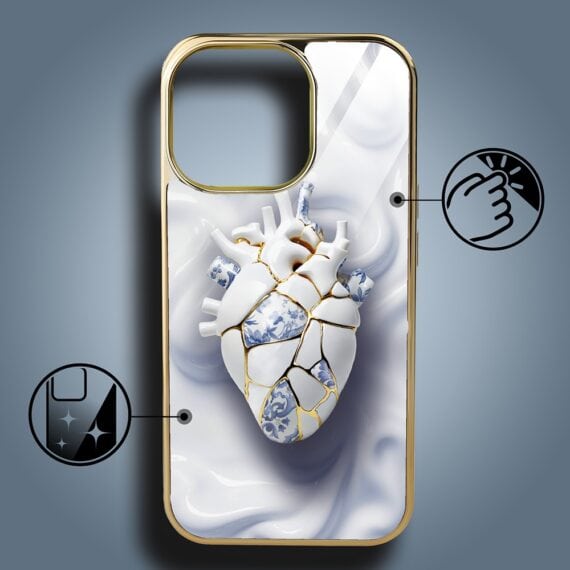 Etui do iPhone 15 Pro, Elite Glass z MagSafe, szklany tył, Porcelanowe serce, złote (1)