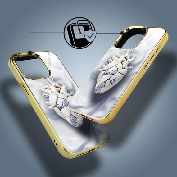 Etui do iPhone 15 Pro, Elite Glass z MagSafe, szklany tył, Porcelanowe serce, złote (3)