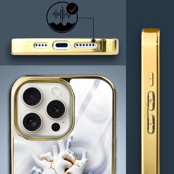 Etui do iPhone 15 Pro, Elite Glass z MagSafe, szklany tył, Porcelanowe serce, złote (5)