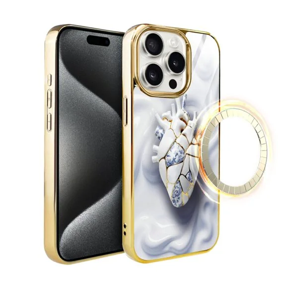Etui do iPhone 15 Pro, Elite Glass z MagSafe, szklany tył, Porcelanowe serce, złote (8)
