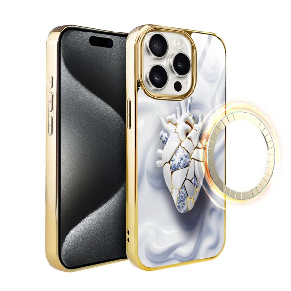 Etui do iPhone 15 Pro, Elite Glass z MagSafe, szklany tył, Porcelanowe serce, złote