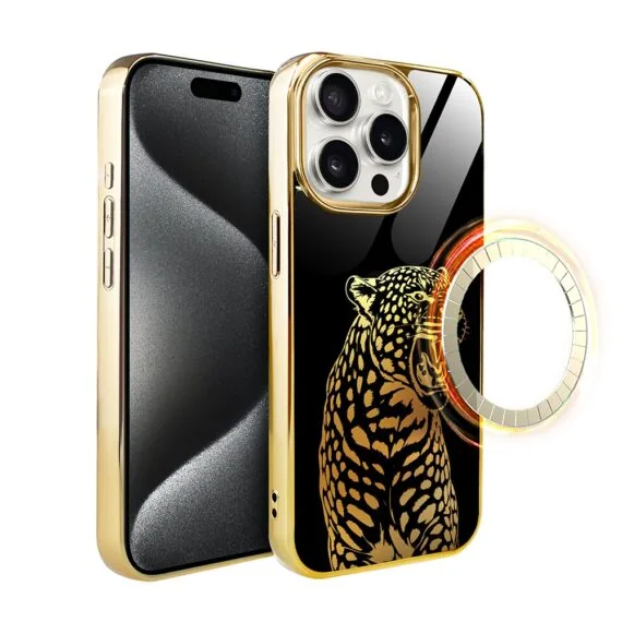 Etui do iPhone 15 Pro, Elite Glass z MagSafe, szklany tył, Ryczący Jaguar, złote (1)