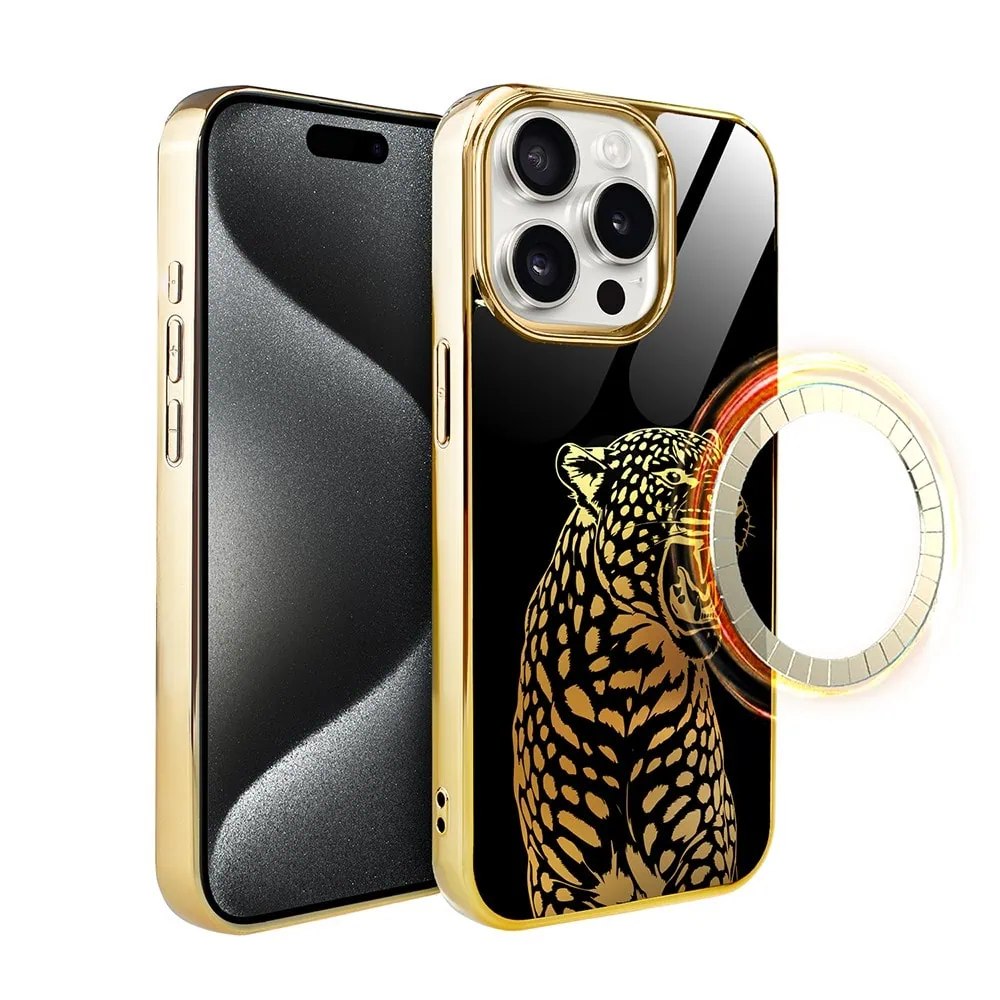 Etui do iPhone 15 Pro Max, Elite Glass z MagSafe, szklany tył, Ryczący jaguar, złote