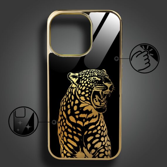 Etui do iPhone 15 Pro, Elite Glass z MagSafe, szklany tył, Ryczący Jaguar, złote (2)