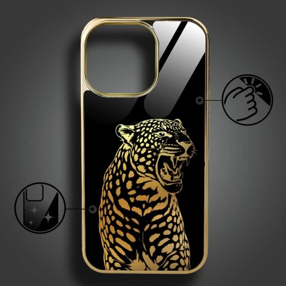 Etui do iPhone 15 Pro, Elite Glass z MagSafe, szklany tył, Ryczący Jaguar, złote (2)