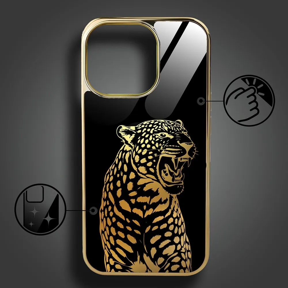 Etui do iPhone 15 Pro, Elite Glass z MagSafe, szklany tył, Ryczący Jaguar, złote (2)