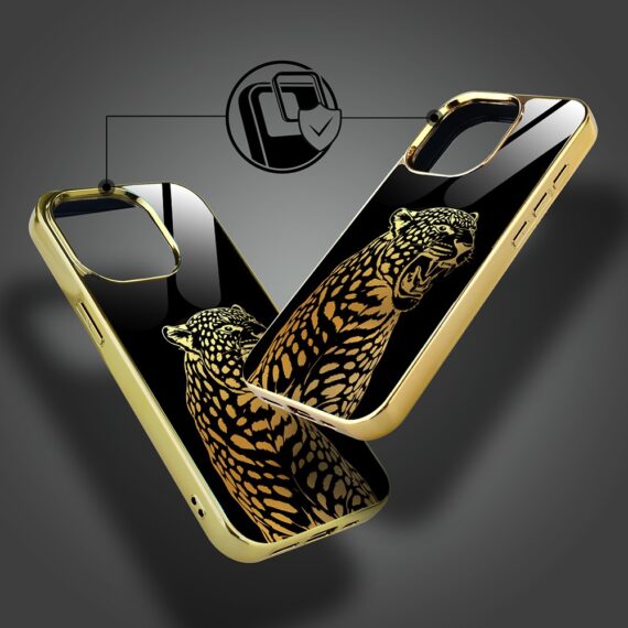 Etui do iPhone 15 Pro, Elite Glass z MagSafe, szklany tył, Ryczący Jaguar, złote (4)