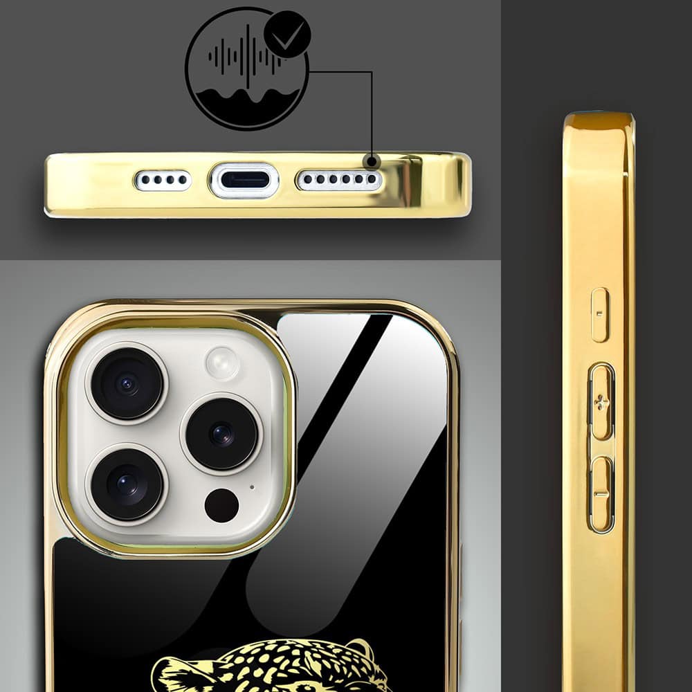 Etui do iPhone 15 Pro, Elite Glass z MagSafe, szklany tył, Ryczący Jaguar, złote (6)