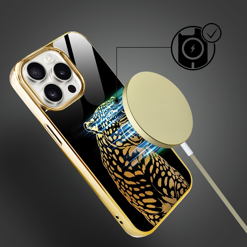 Etui do iPhone 15 Pro, Elite Glass z MagSafe, szklany tył, Ryczący Jaguar, złote (8)
