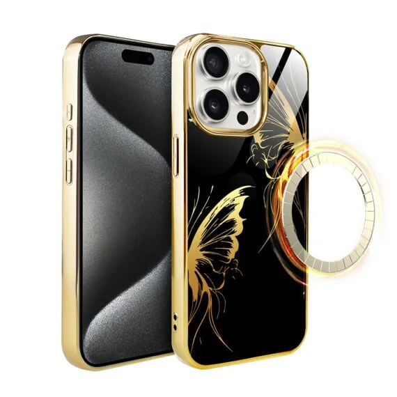 Etui do iPhone 15 Pro, Elite Glass z MagSafe, szklany tył, Skrzydła motyla, złote (2)