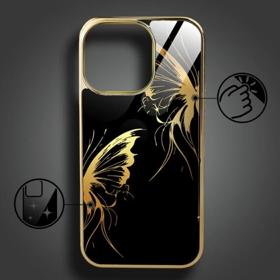 Etui do iPhone 15 Pro, Elite Glass z MagSafe, szklany tył, Skrzydła motyla, złote (3)