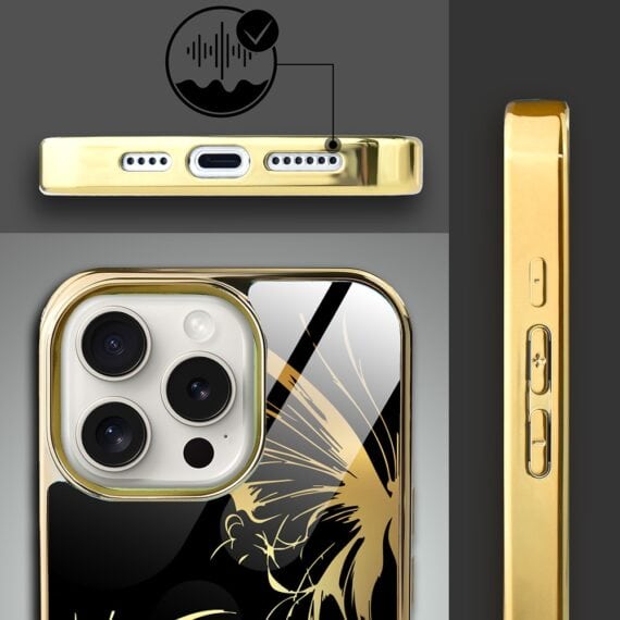 Etui do iPhone 15 Pro, Elite Glass z MagSafe, szklany tył, Skrzydła motyla, złote (7)