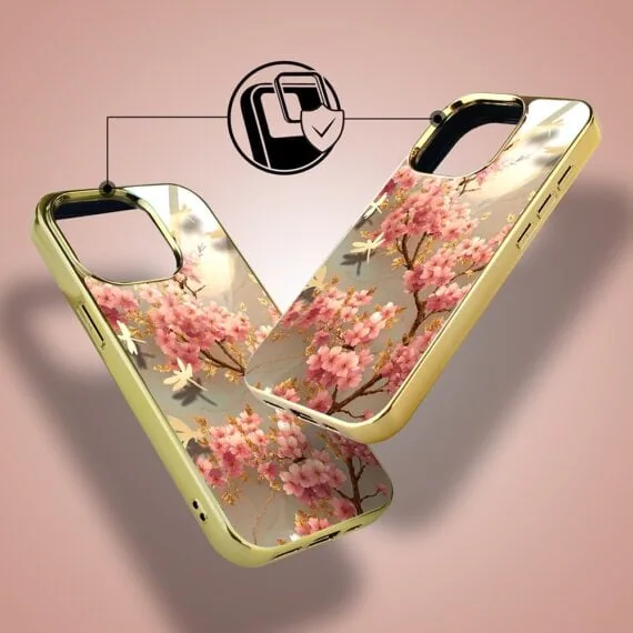 Etui do iPhone 15 Pro, Elite Glass z MagSafe, szklany tył, Taniec Sakury, złote (1)