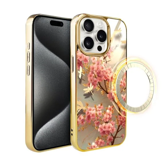 Etui do iPhone 15 Pro, Elite Glass z MagSafe, szklany tył, Taniec Sakury, złote (6)