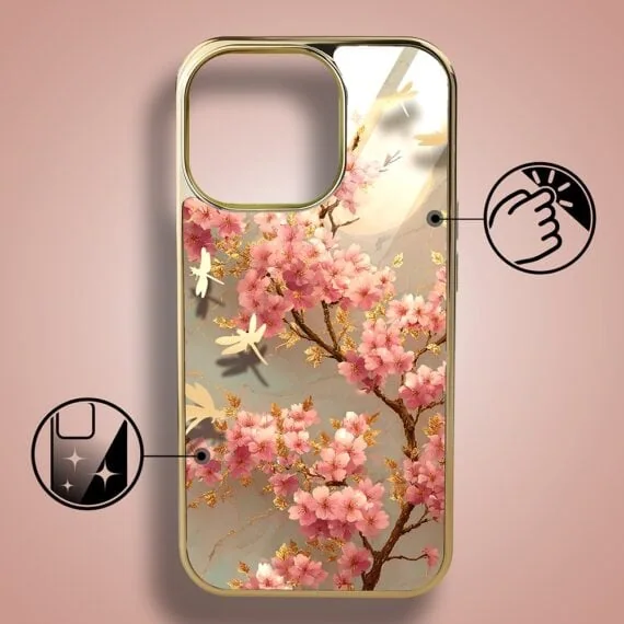 Etui do iPhone 15 Pro, Elite Glass z MagSafe, szklany tył, Taniec Sakury, złote (7)