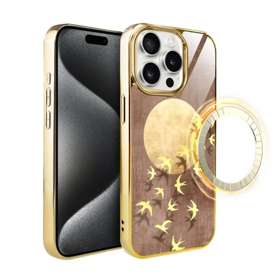 Etui do iPhone 15 Pro, Elite Glass z MagSafe, szklany tył, Taniec jaskółek, złote (2)