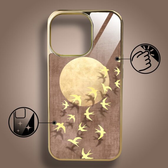 Etui do iPhone 15 Pro, Elite Glass z MagSafe, szklany tył, Taniec jaskółek, złote (3)