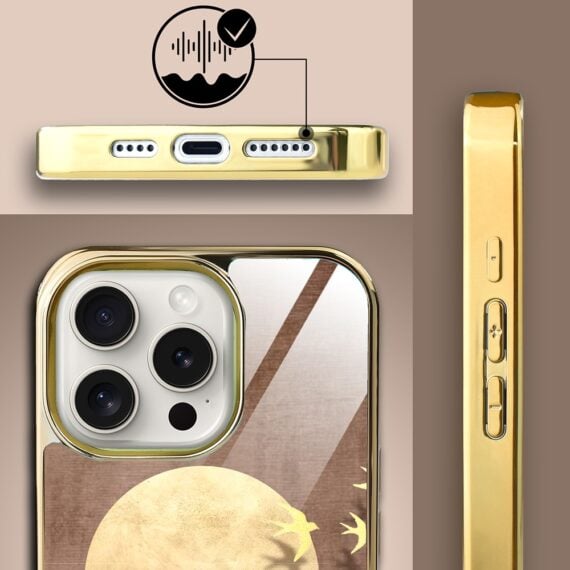 Etui do iPhone 15 Pro, Elite Glass z MagSafe, szklany tył, Taniec jaskółek, złote (7)
