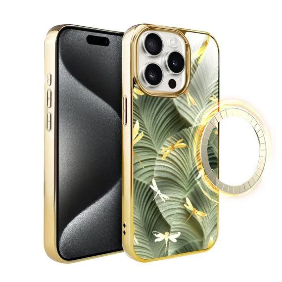 Etui do iPhone 15 Pro, Elite Glass z MagSafe, szklany tył, Taniec ważek, złote (2)