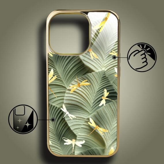 Etui do iPhone 15 Pro, Elite Glass z MagSafe, szklany tył, Taniec ważek, złote (3)