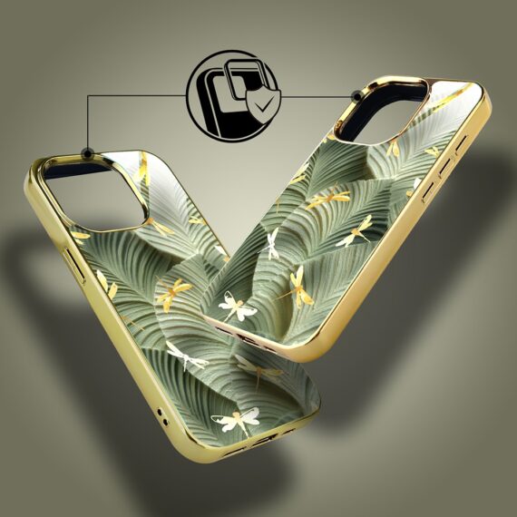 Etui do iPhone 15 Pro, Elite Glass z MagSafe, szklany tył, Taniec ważek, złote (5)