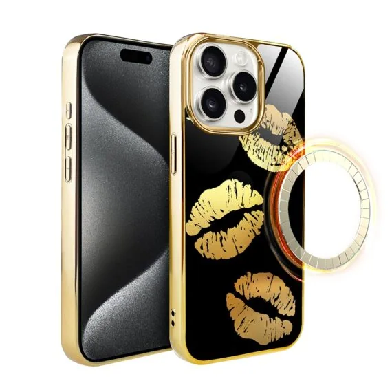 Etui do iPhone 15 Pro, Elite Glass z MagSafe, szklany tył, Usta, złote (4)