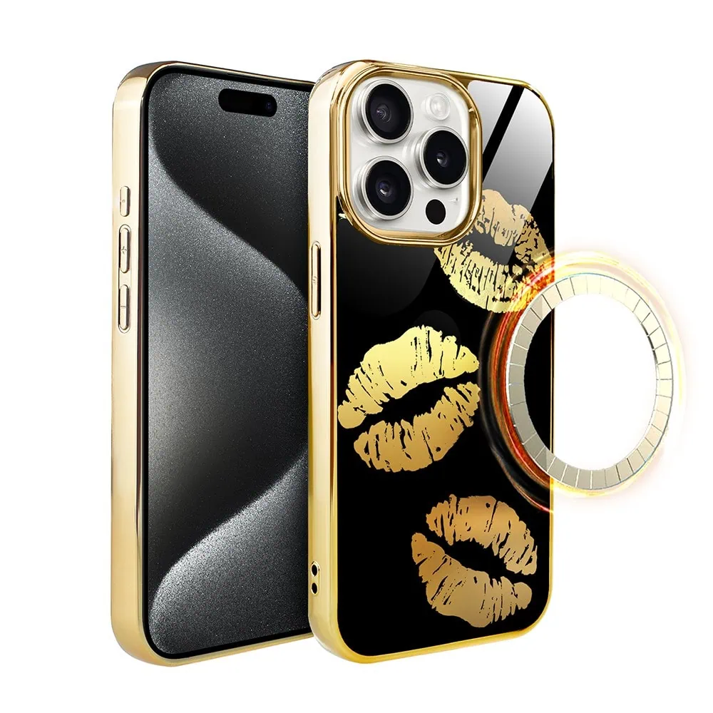 Etui do iPhone 15 Pro Max, Elite Glass z MagSafe, szklany tył, Usta, złote