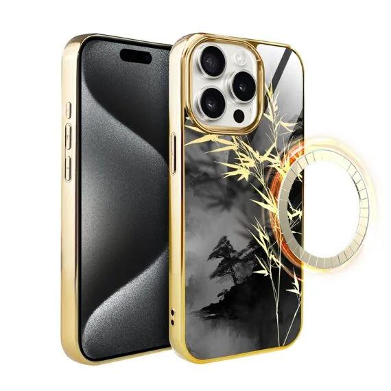 Etui do iPhone 15 Pro, Elite Glass z MagSafe, szklany tył, Złote bambusy, złote (2)