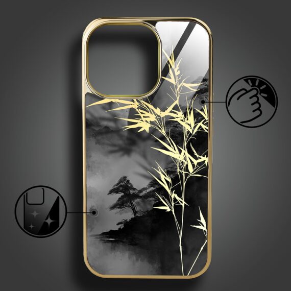 Etui do iPhone 15 Pro, Elite Glass z MagSafe, szklany tył, Złote bambusy, złote (3)